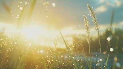 Sunny meadow. Grass with dew drops catching sunlight