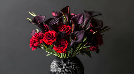 Dark Red and Black Flowers in a Black Vase