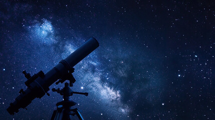 Naklejka premium Telescope pointing at a starry night sky, bright black background
