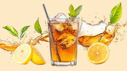 Fototapeta premium Bright iced drink with lemon slices and mint garnish, created with Generative AI