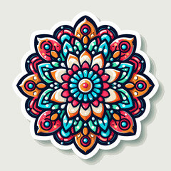 Bold, circular design featuring detailed, colorful floral shapes arranged symmetrically.