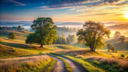 Obraz premium Serene Sunrise Landscape Winding Country Road Through Rolling Hills and Lush Meadows, Bathed in Golden Light