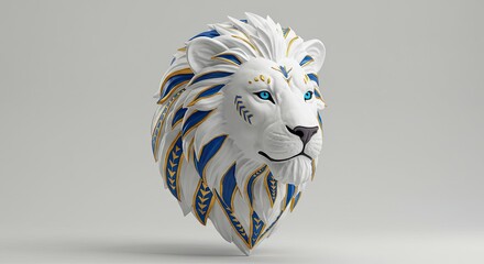 White lion bust, stylized with blue and gold geometric patterns, set against a minimalist background