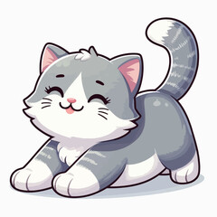 Stylized, cartoon representation of a kitten that is stretching and appearing happy.