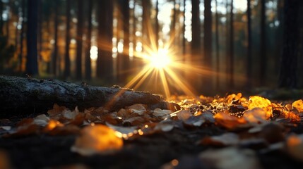 Golden sunlight streams through autumn forest