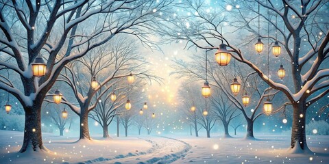 Enchanted Winter Pathway Snow-covered trees adorned with glowing lanterns illuminate a tranquil snowy path at dusk, creating a magical winter wonderland scene.