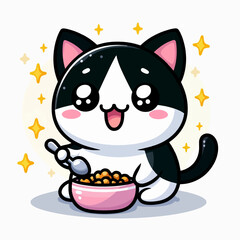 Charming cartoon black and white cat figure is depicted eating from a bowl of cereal.