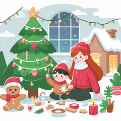 Mother and child are happily decorating a Christmas tree and enjoying festive treats inside a charming winter home.