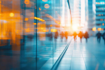 Fototapeta premium Vibrant cityscape reflecting warm sunlight through glass buildings, creating dynamic urban atmosphere