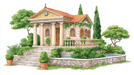 Obraz premium Classical Style Villa with Terracotta Roof and Lush Greenery