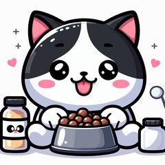 Cheerful cartoon cat character with large eyes, eating from a pet food bowl, surrounded by pet supplies.