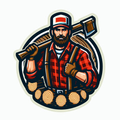 Stylized, graphic portrayal of a lumberjack holding an axe, set against a backdrop of logs.