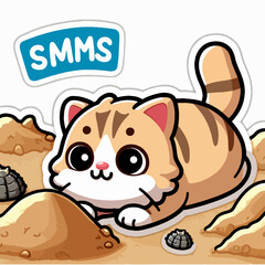 Stylized, cartoonish cat figure, light orange and brown in color, resting in a pile of sand, with shell-like objects nearby.