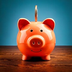Pink piggy bank with golden coin on top, surrounded by coins on wooden table, representing savings, investment, and financial growth