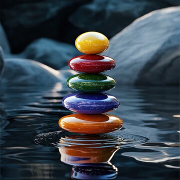 A vibrant stack of colorful smooth stones rests peacefully on still dark water near gray rocks creating a serene and balanced zen scene perfect for meditation and wellness