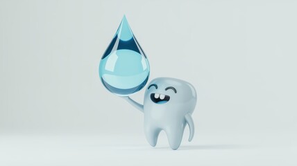 Obraz premium Cute 3D render illustration showing a happy anthropomorphic white tooth character looking up playfully at a single, large, stylized translucent blue water droplet suspended above it. 
