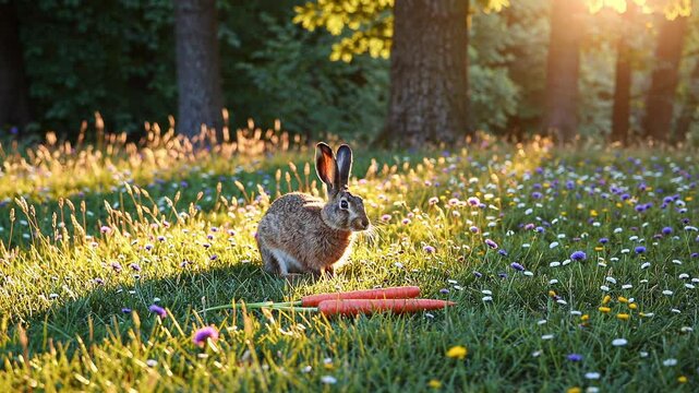 European rabbit nibbling fresh carrot amid golden sunset lit meadow, surrounded by lush greenery and warm natural light