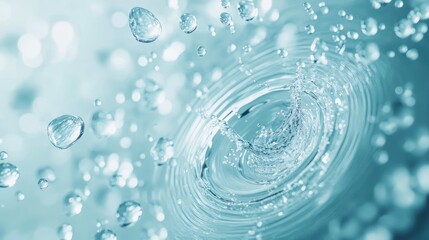 Water droplet splash, ripple effect, bokeh background, purity concept, advertisement