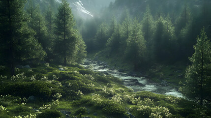 Obraz premium Serene Forest River Landscape: Picturesque Mountain View