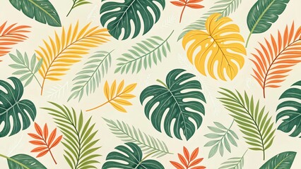 Fototapeta premium Seamless Summer Tropical Foliage Pattern Palm Fronds & Leaves