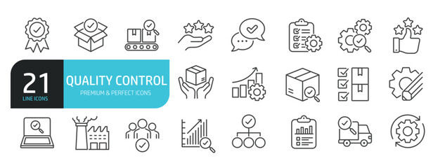 Set of line icons related to quality control, operation management, check, inspection. Outline icons collection. Editable stroke. Vector illustration