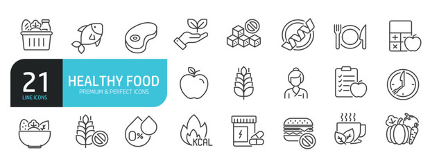 Set of line icons related to healthy food, diet, nutrition. Outline icons collection. Editable stroke. Vector illustration