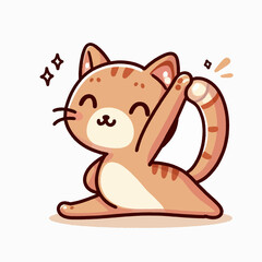 Cartoon cat, orange tabby, is shown in a playful stretching pose, with a cheerful expression.