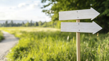 Two directional signposts in lush green field, guiding travelers on their journey through nature beauty
