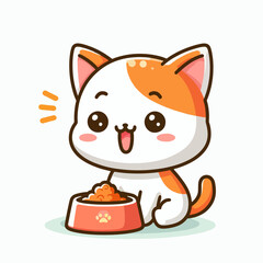 Cheerful cartoon cat, seated and eating from a bowl of pet food.