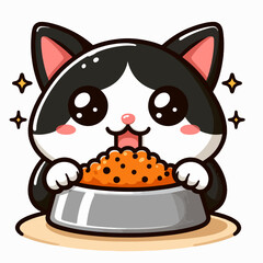 Digitally rendered, happy cartoon black and white cat enjoys its food from a feeding bowl.