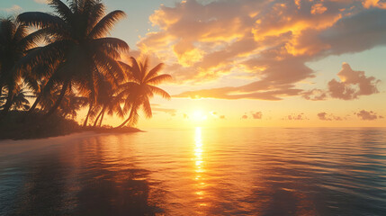Obraz premium Serene Sunset on Tropical Island Beach: Palm Trees Golden Hour Ocean Paradise