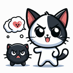 Black and white cartoon cat with wide eyes and an open mouth is depicted next to a small, black, angry cat, illustrating contrasting emotions and interactions.
