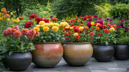 Vibrant Dahlia Blooms in Terracotta Pots: A Stunning Summer Garden Display