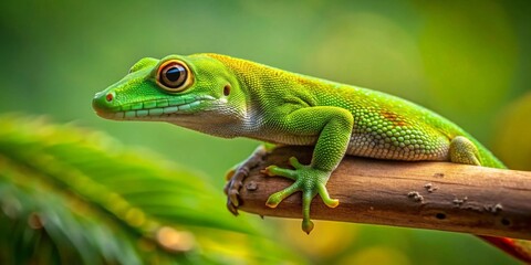 Fototapeta premium A vibrant green reptile, perched on a weathered branch, gazes intently into the distance, showcasing its intricate scales and captivating eyes against a soft green backdrop.