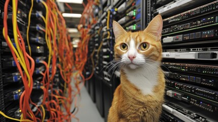 Charming Orange Cat in High-Tech Server Room with Colorful Cables and Technology Surroundings