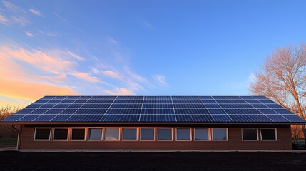 Naklejka premium Modern building with solar panels at sunset.