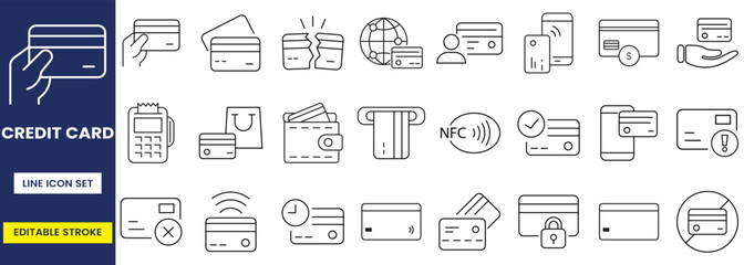 credit card icon set, payment, wallet, security, NFC payment, ATM, wireless payment, customizable stroke, vector, illustration