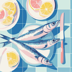 Vector illustration of sardine fish on table Mediterranean Italian style