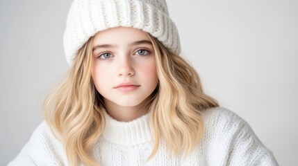 A young woman wearing a cozy white knit hat and sweater, posing with wavy blonde hair against a soft light background, and winter fashion concept.