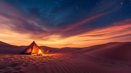 Desert Camping at Sunset: Starry Night and Campfire