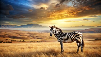 Obraz premium A solitary zebra stands in tall grass, bathed in the warm glow of a breathtaking sunset over rolling hills