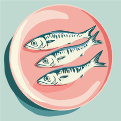Vector illustration of sardine fish on table Mediterranean Italian style