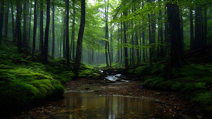 Obraz premium Enchanted Forest Stream: A Serene Nature Escape