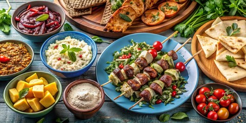 Fototapeta premium A Delicious and Vibrant Spread of Savory Dishes Featuring Grilled Vegetables and Skewers, Accompanied by Various Dips, Sides, and Flatbreads