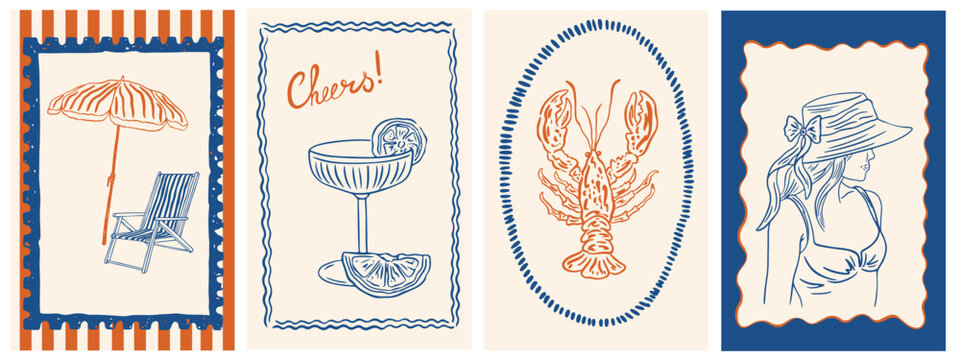 Hand draw la dolce vita vintage posters. Italian amalfi sicily style vacation vector illustrations in ink line doodle sketch style.  Chalk charcoal style drawing for poster, placard or print