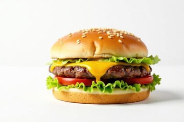 Burger isolated on white, sesame seeds visible, junk food, meal