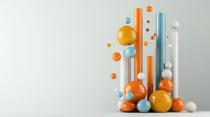 A vibrant 3D rende showcases glossy spheres and cylindrical forms in orange blue and white against a minimalist white background creating a dynamic and modern abstract