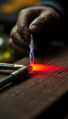 Obraz premium person is lighting a red light on a piece of wood