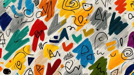 Obraz premium Colorful Abstract Artistic Sketches with Hearts, Arrows, and Geometric Doodles on a White Background