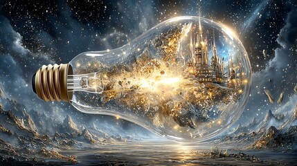 creative idea generation creative mindset inspiration A glowing bulb encapsulating a fantastical world. idea generation workshops